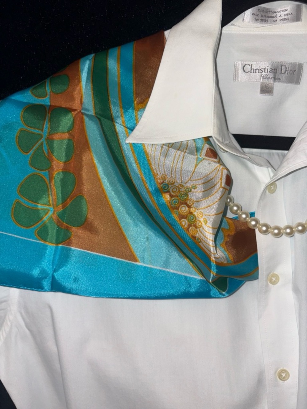Vintage Silk Scarf Square Light Blue Aqua Floral Clover Geometric Retro Chic EUC